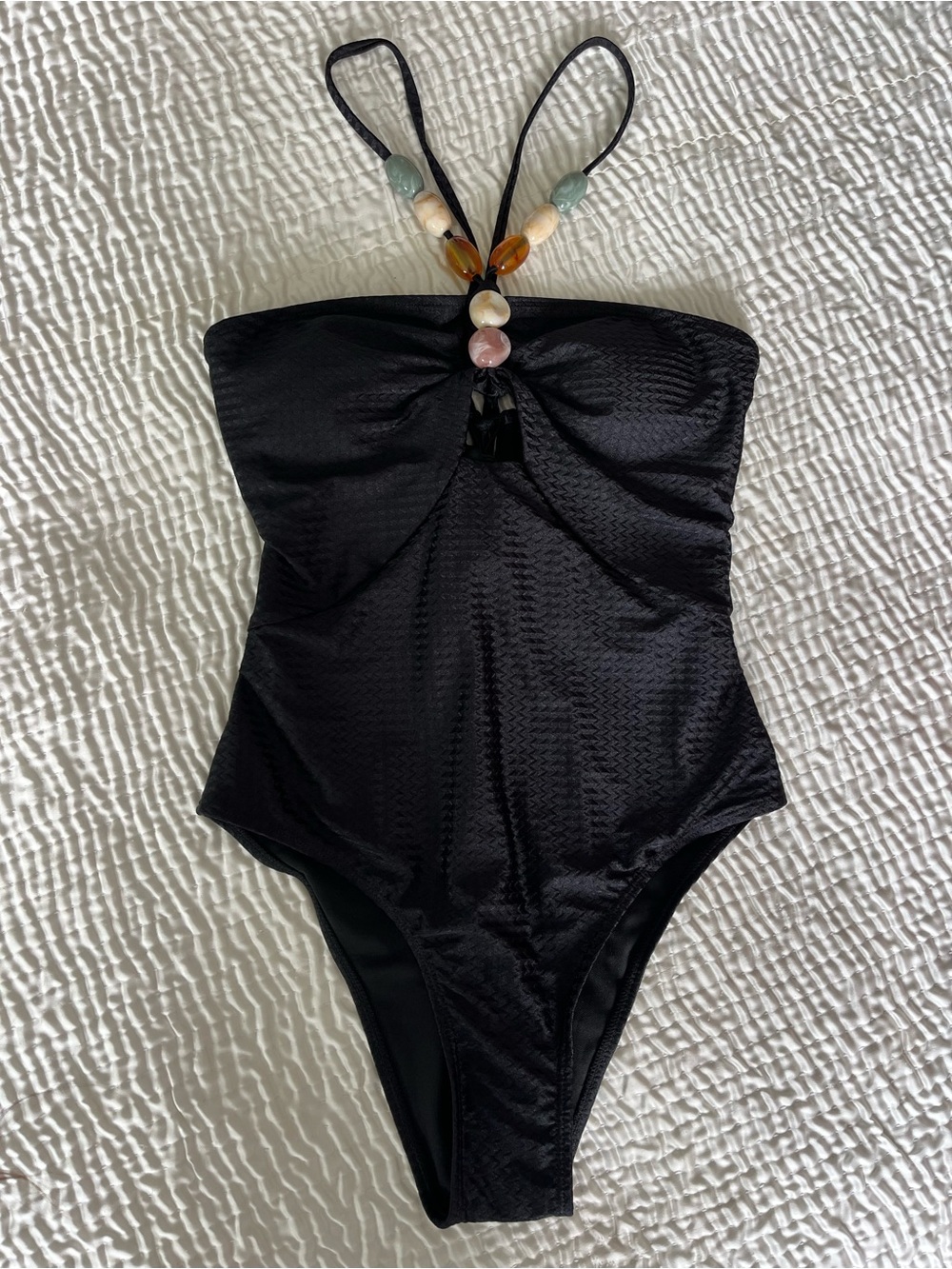 Black One-Piece Swimsuit with Beaded Halter Strap